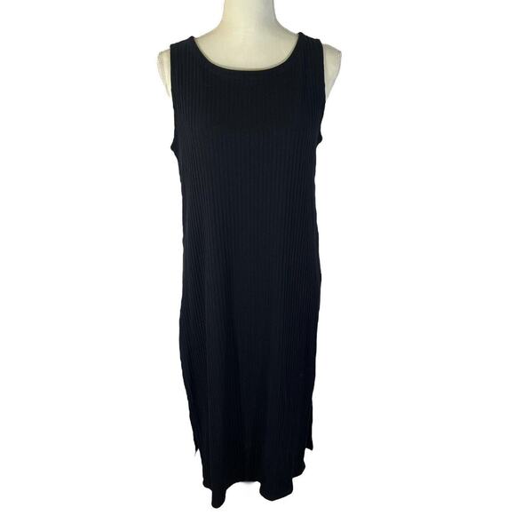EILEEN FISHER Dress Kaftan Tunic Black Ribbed Knit High Side Slits Size Small - Picture 1 of 6